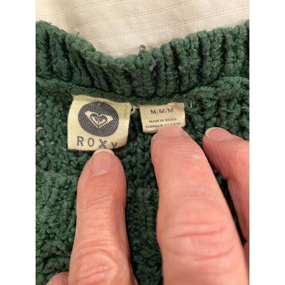 Roxy Women’s M Textured Knit Sweater Green Cotton Crewneck Pocket Detail - Picture 6 of 10